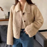 GETADME Women Autumn Winter Double Fleece Warm Thicken Jacket Turn-down Single-Breasted Short Outerwear Loose Fashion Casual Overcoat
