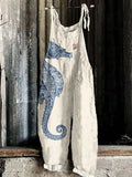 GETADME Vintage Japanese Seahorse Print Holiday Beach Casual Loose Strap Romper Shorts Urban Street Trend Loose Romper Pants S-5XL