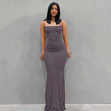 GETADME 2025 Summer Fishtail Backless Dresses For Women's Sexy Spaghetti Strap Gray Long Dress Y2k Sleeveless Solid Skinny Robe Vestidos
