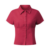 GETADME Women Summer Kawaii Solid Shirring Button Up Turn Down Collar Short Sleeve White Shirts Ladies Office Casual Summer Clothes