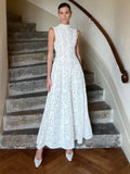 GETADME Women Elegant White Lace Pleated Long Dresses 2025 Spring New High Collar Sleeved Wrapped Waist Dress Fashion Lady Wedding Robes