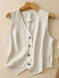 GETADME Women's Summer Black Beige Linen Vest V-neck Button Sleeveless Cardigan Tops Elegant Short Jacket Waistcoat