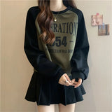 Getadme-Contrast paneled cropped sweatshirt spring autumn new pure cotton vintage letter print babes long sleeve top