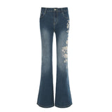 GETADME Flare Pants Jeans Women Embroidery Boot Cut Low Waist Washed Distressed Pockets Floor Length Streetwear 2025 Denim Trousers