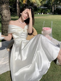 GETADME Horetong Bow Slash Neck Sexy Dress Summer Women White Fairy Elegant A-Line Midi Dresses Female Party Prom Clothes Vestdios