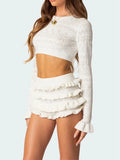 Getadme Women Knitted 2 Piece Short Set Chic Solid Color Crew Neck Long Sleeve Knit Crop Tops Ruffles Tiered Shorts Autumn Outfit Trendy