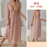 GETADME Sexy Pajamas Long Nightgown Home Wear Fashion Lace Dress For Women Deep V Sleepwear Chiffon Nightdress Wedding Night Clothes