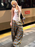 GETADME Y2K Plaid Wide Leg Pants Women Summer Streetwear High Waist Loose All Match Pants Casual Pockets Lady Mopping Trousers