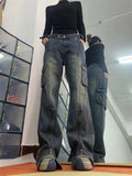 Getadme Flared Wide Leg Cargo Jeans for Women Y2k Pants High Waist Vintage Oversize Trousers Split Streetwear High Street Wear