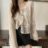 GETADME Vintage Summer Lace Blouses Women See Through Sheer Long Sleeve Sun Shirts Korean Style Casual Sun Protection Sexy Ladies Tops
