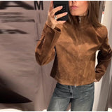GETADME Vintage Brown Suede Women's Jackets Turn Down Collar Long Sleeve Single Breasted Female Pockets Coats 2025 Autumn Ladies Outwear