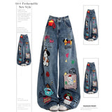 GETADME Retro American Cartoon Floing Embroidery Jeans Men Women Cleanfit Waed Loose Wide Leg Pants Couples Casual Loose Fit