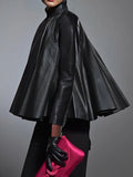 GETADME Yeezzi Women's Black Faux Leather Stand Collar Tops 2025 New Long Sleeve Fashion Big Hemline Solid Color Pleated A-line Blouse