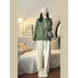 GETADME Japanese Vintage Green Round Neck Pullover Sweater Women's Loose Fit Casual Style Thickened Autumn Winter Outerwear Knit Top