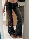 Jean GETADME Weekeep à broderie florale vintage années 2000, taille basse, évasé, style rétro Y2K, pantalon en denim baggy, basique de la mode urbaine.