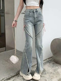 GETADME Korean Streetwear Casual Wide Leg Trousers Y2K Vintage High Waist Flare Jeans Women Fashion Bandage Slit Slim Denim Pants Summer