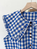 GETADME Korobov French Blue Plaid Ruffled Sleeveless Shirt Women's Clothing Summer Loose Blouses Doll Age Reduction Sweet Fashion Top