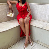 GETADME New Summer Sexy Red Ruffle Flower Evening Party Asymmetrial Dress V Neck Lace Up Sleeveless Chic Party Festival Sundress