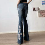 GETADME Flare Pants Jeans Women Embroidery Boot Cut Low Waist Washed Distressed Pockets Floor Length Streetwear 2025 Denim Trousers
