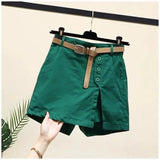 GETADME New 2025 Women's Cotton Shorts High Waist A- Line Skirt with Belt Korean Style Summer Fashion Button Pure Cotton Pants