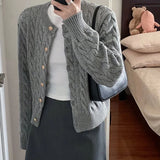 GETADME 2025 Vintage Long Sleeve Cardigan Women Sweater O-neck Elegant Knitted Top Fashion Autumn Grey Knitwear