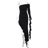 GETADME Summer Newly Irregular Ruffle Fringe Party Off Shoulder Dress Elegant One Sleeve 2025 Slim Hip Package Lady Split Vacation Robes