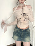 Getadme-Y2k Crop Top Women Vintage Print Sexy Off Shoulder T Shirt Female Autumn Flare Sleeve Grunge Aesthetic Slim Bandage Streetwear