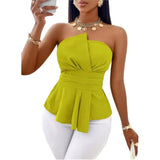 GETADME Women's Strapless Top Solid Black Slim Fit Peplum Wrap Front Belted Waist Spring Summer Casual Elegant Top Commuting & Vacation