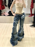 GETADME 2025 Spring Autumn Vintage Style Ruched Denim Flared Pants for Women Y2K Aesthetic Low Waist Slim Fit Bell Bottom Jeans Fashion