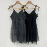 GETADME  Summer Y2k Black Mesh Women's Ball Gown Dresses 2025 New Sleeveless Strapless V-neck Party Sexy Mini Dress for Womens