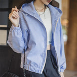 GETADME Maden Casual Blue White Striped Hooded Shirt Women's Spring Seersucker Vacation Style Blouse Lightweight Layering Beach Shirts
