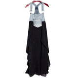 GETADME 2025 Summer New Elegant Women's Dress Loose Denim Patchwork Chiffon Overalls Sexy Suspender Dress Spaghetti Strap Robe KE903