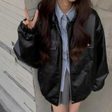 Getadme-Vintage Black Leather Jacket Women Moto Biker Zipper Jackets Oversize Gothic Style Motorcycle Coats Korean Streetwear