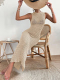 GETADME Fashionable and elegant hollow out dress with round neck and waist clip skirt, sleeveless slim fit woolen dress for women