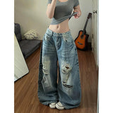 GETADME YIBASHU Women Blue Vintage Washed Ripped Jeans High Waist Denim Long Pants Harajuku Hiphop Grunge Baggy Wide Leg Denim Trousers