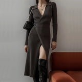 GETADME Ladies Lapel Knitted Lace Up Waist Dress for Autumn and Winter Long Sleeved V Neck Ribbed Celebrities Elegant Slim Midi Vestidos