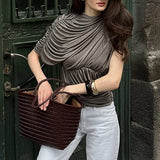 GETADME Newly Chic Ruched Sleeveless Asymmetrial Solid O Neck Elegant Evening Party T shirt Pullovers Summer Clothing Tops