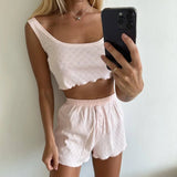 GETADME Women's Solid Pajamas Set 2025 Hollow Out Sleeveless Top Shorts Sleepwear 2 Piece Set For Women Loose Round Neck Home Loungewear