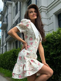 GETADME Sweet Floral Printed Ruffle Hem Dress Chic A-line Lapel Puff Sleeve Dresses For Women 2025 Summer Lady Holiday Street Gowns New