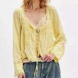 GETADME Combhasaki Women's Y2K Fairy Long Sleeve Square Neck Shirts Lace Patchwork See-through Tie-up Front Button-down Blouse Crop Tops