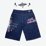 GETADME American Washed Ecko Denim Shorts Mens Hip-hop Rock Street Fashion Pattern Straight Pants Harajuku Trend Wide Pants