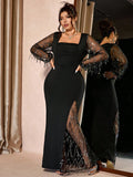 GETADME Women Black Plus Size Dress Square Neck Mesh Sequin Tassel Sleeve Bodycon Maxi Dress Party Cocktail Spring Summer Evening Dress