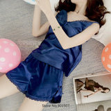 GETADME 2025 Summer New Pajamas Suit Lace Up Cami&shorts 2Pcs Lingerie Sleepwear Rayon Homewear Women Loose Loungewear Big Size 3Xl