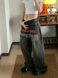 Getadme-Y2k Vintage Baggy Jeans Youthful Woman High Shot Denim Pants Korean Streetwear Oversized Trouser Spring Letter Print