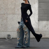 GETADME Y2K 여성 의류 긴팔 가을 사이드 하이 스플릿 O넥 롱 스타일 스트리트웨어 티셔츠 솔리드 타이트 여성 티셔츠 클럽웨어