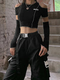 GETADME Patchwork Black T-shirts Gothic One Shoulder Sleeve Crop Tops Ruffles Hem Hip Hop Techwear Women Tees
