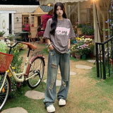 GETADME 아메리칸 레트로 홀펀치 진 여성 하이웨이스트 스트레이트 크로치 루즈 슬림 디자인 하이스트리트 바이브 와이드 레그 드래깅 팬츠