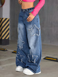 GETADME Girl's Y2K New Five-Star Patch Trendy Straight-Leg Jeans, Elastic Waist, Comfortable Fabric, Suitable for All Seasons to Wear.