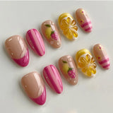 GETADME 24pcs Ins 3D Bowknots Press On Nails Sweet Strawberry Pink Plaid Almond False Nails With Heart Shape Pearl Decor Fake Nail Tips