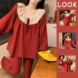 GETADME Spring New Knit Cotton Sleepwear 2 Pieces Women's Cute Home Clothes Suit Web Red Korean Style Home Clothes Pants Set Homewear